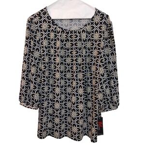 JM STUDIO By John Meyer Blouse Women‎ XL Black Tan Geometric Pleated 3/4 Sleeves